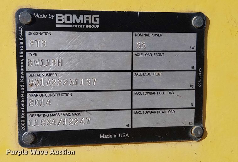 image for item FK0851 2014 Bomag BW11RH pneumatic roller