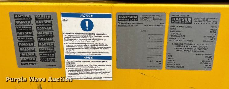 image for item FK2509 2022 Kaeser Mobilair M118 air compressor