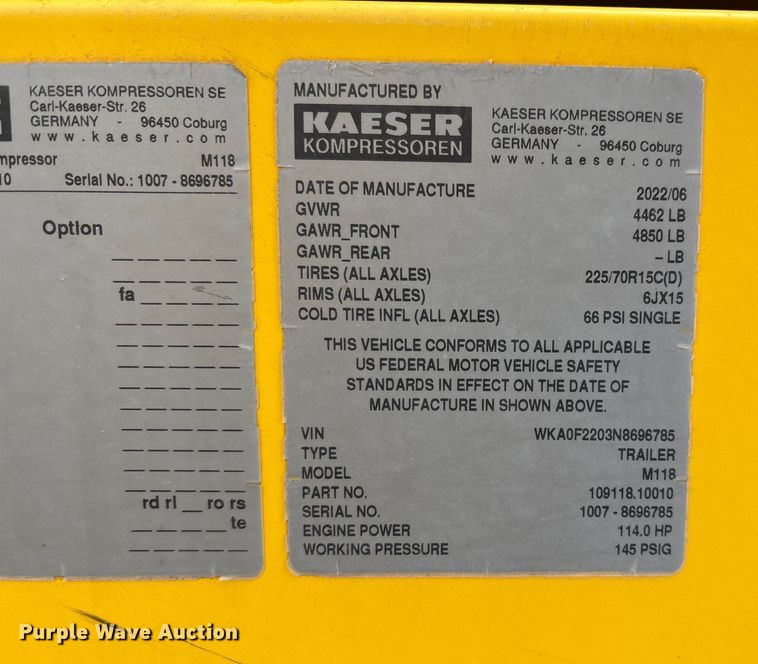 image for item FK2509 2022 Kaeser Mobilair M118 air compressor