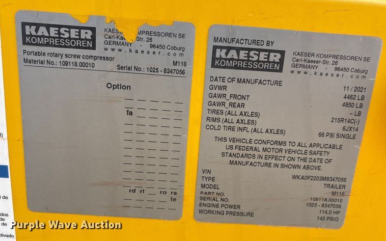 image for item FK2510 2021 Kaeser Mobilair M118 air compressor