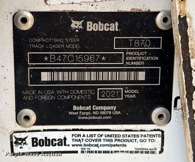 image for item HI9387 2021 Bobcat T870 tracked skid steer loader