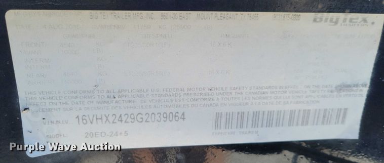 image for item NO9822 2016 Big Tex 20ED equipment trailer