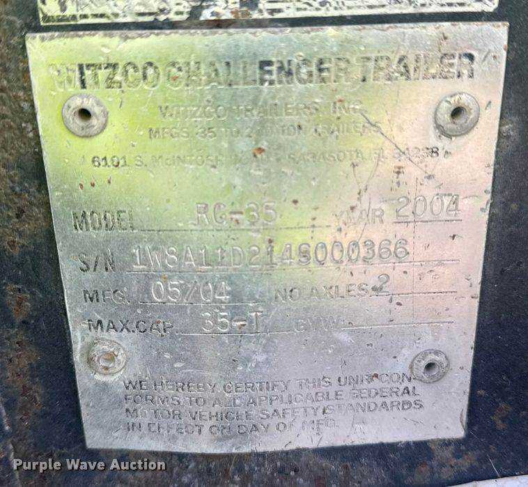 image for item DQ4178 2004 Witzco Challenger RG-35 drop deck equipment trailer