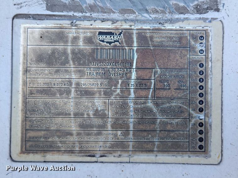 image for item DT0789 2016 Wabash DVLSHPC dry van trailer