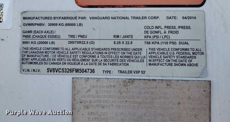 image for item DT0795 2015 Vanguard VXP 53' dry van trailer