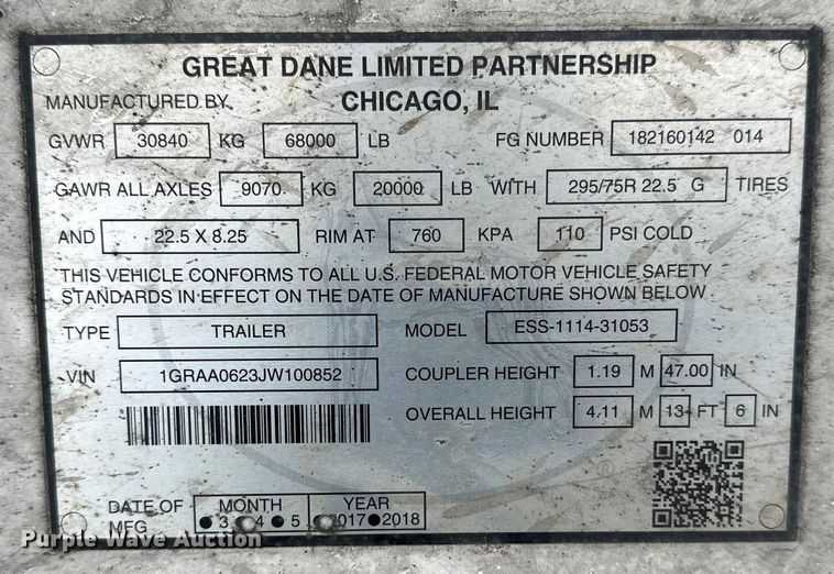 image for item DT6466 2018 Great Dane ESS-1114-31053 refrigerated van trailer