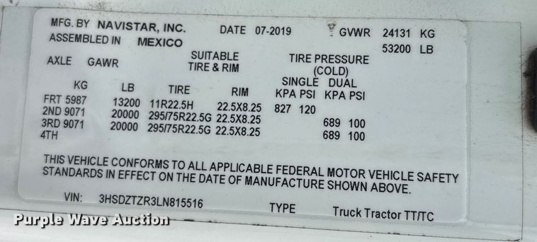 image for item DU0289 2020 International LT625 semi truck