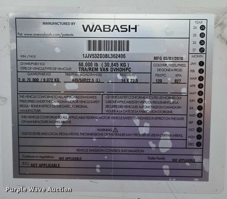 image for item DU2529 2011 Wabash dry van trailer