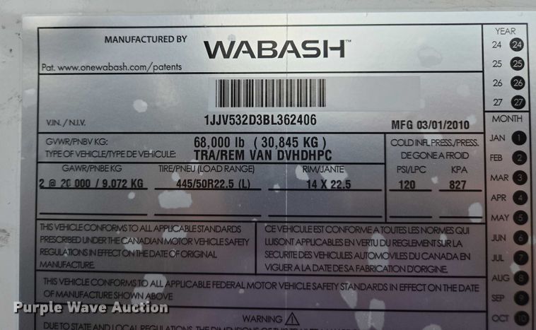 image for item DU2529 2011 Wabash dry van trailer