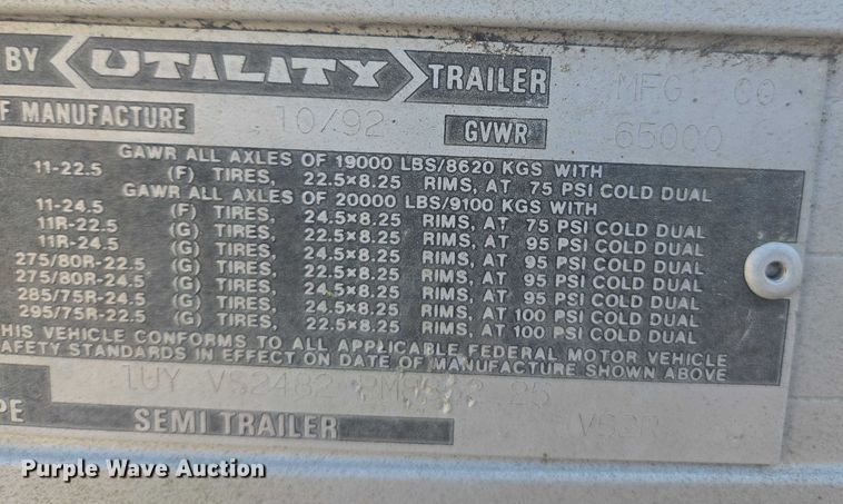 image for item DU2531 1992 Utility refrigerated van trailer