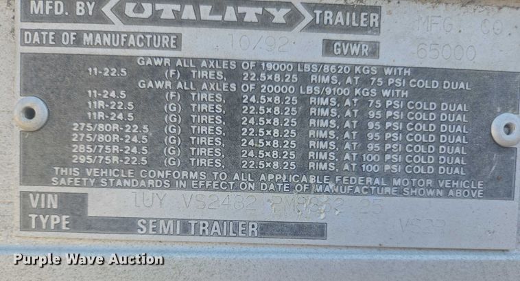 image for item DU2531 1992 Utility refrigerated van trailer