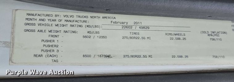 image for item DU2566 2012 Volvo VNL semi truck