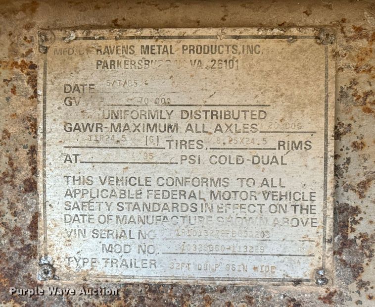 image for item DW5186 1985 Ravens end dump trailer