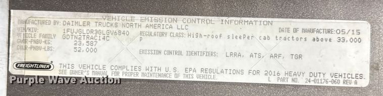 image for item DW6683 2016 Freightliner Cascadia semi truck