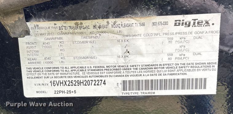 image for item DW7353 2017 Big Tex 22PH-25+5 equipment trailer