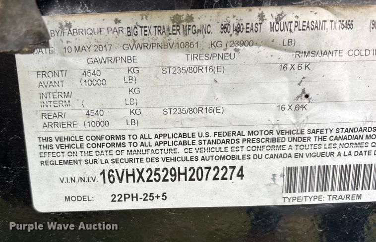 image for item DW7353 2017 Big Tex 22PH-25+5 equipment trailer