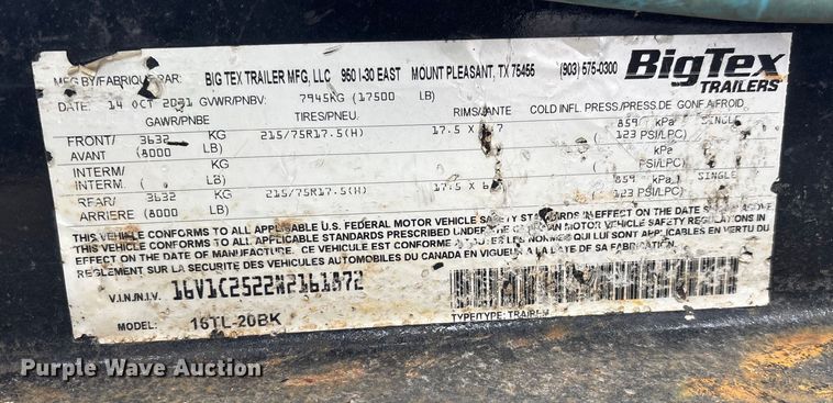 image for item DW7354 2022 Big Tex 16TL-20BK tilt deck equipment trailer