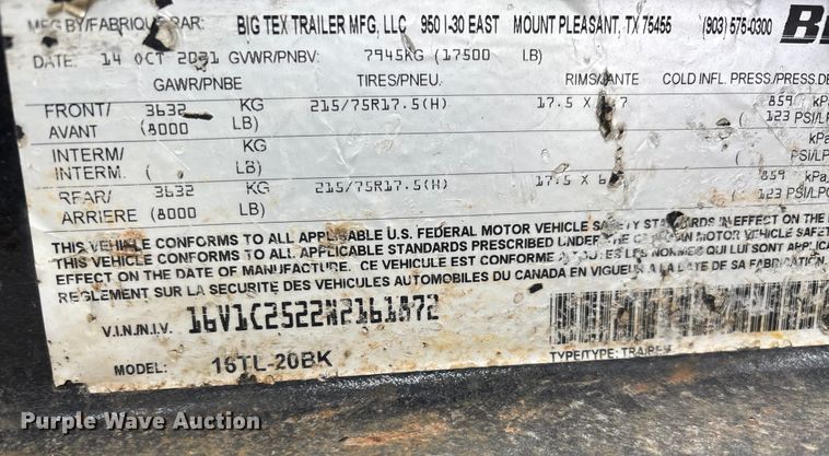 image for item DW7354 2022 Big Tex 16TL-20BK tilt deck equipment trailer