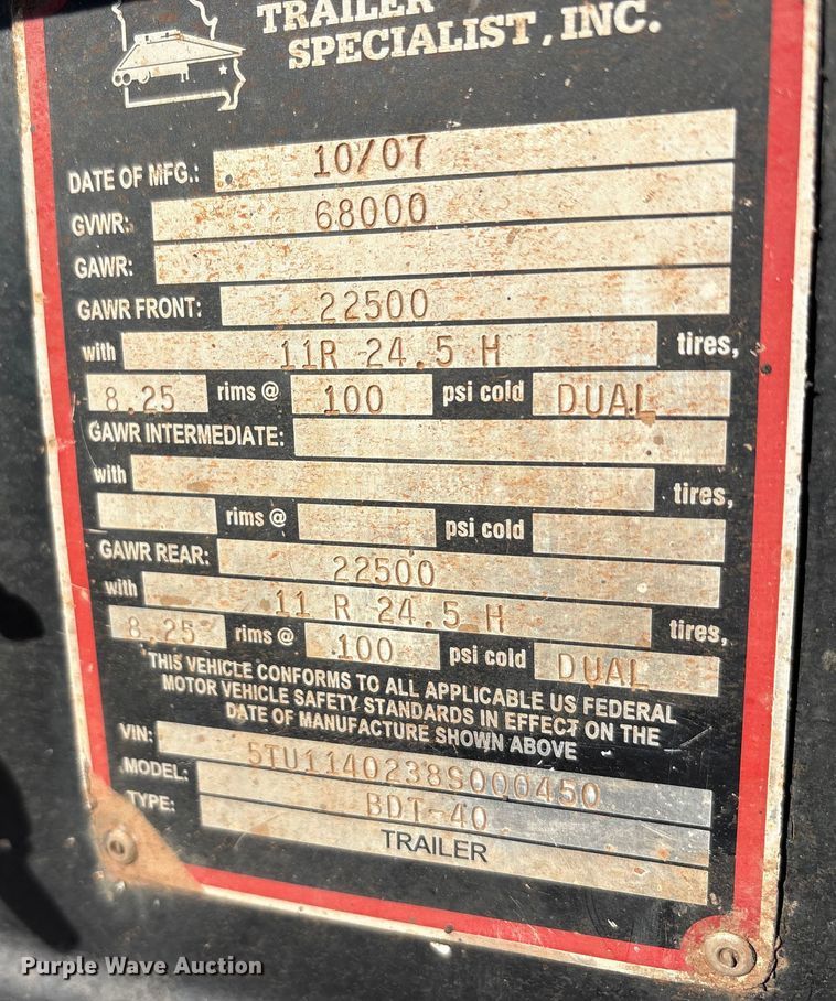 image for item EA7864 2008 Construction Trailer Specialist BDT-40 bottom dump trailer