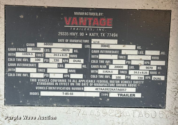 image for item EE3403 2019 Vantage T-85-SS end dump trailer