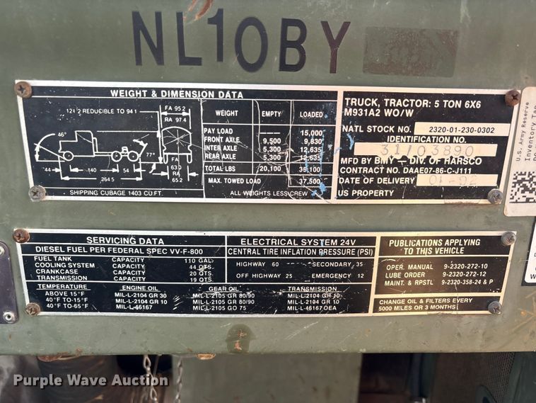 image for item EF6077 1992 BMY M931A2 semi truck