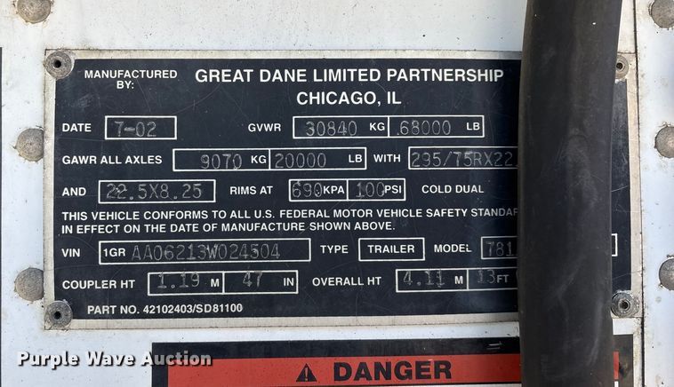 image for item EN5903 2003 Great Dane refrigerated van trailer