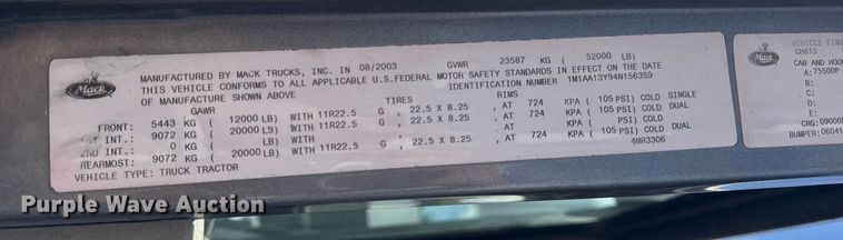 image for item ER0136 2004 Mack CH613 semi truck