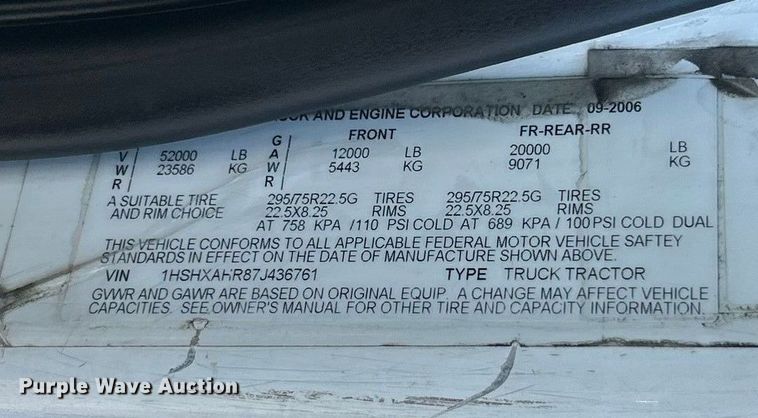 image for item ET6646 2007 International 8600 SBA semi truck