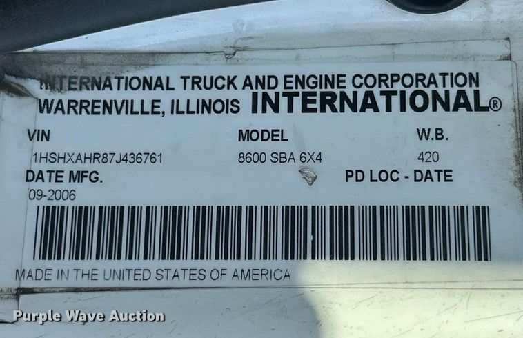 image for item ET6646 2007 International 8600 SBA semi truck