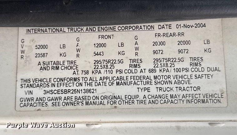 image for item EU5459 2005 International 9200i semi truck