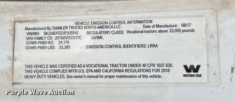 image for item EU5484 2018 Western Star 4900FA semi truck