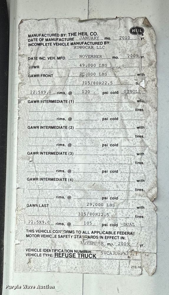 image for item EV3379 2010 Autocar Xpeditor refuse truck