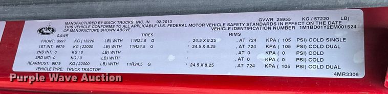 image for item EV3415 2014 Mack Titan TD713 semi truck