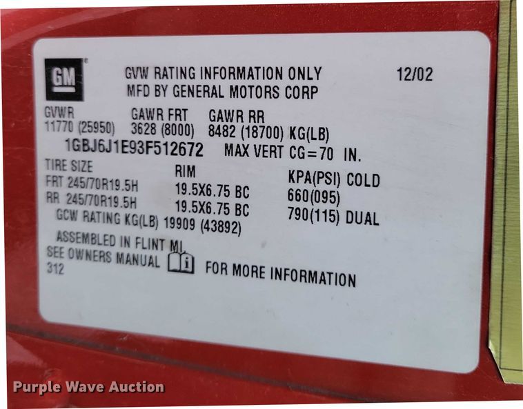 image for item NO9835 2003 Chevrolet C6500 rollback truck