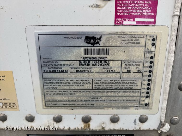 image for item YA0133 2014 Wabash dry van trailer