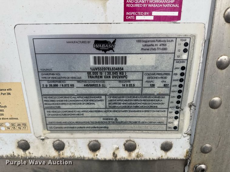 image for item YA0134 2014 Wabash dry van trailer