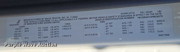 image for item YA0869 2023 Mack GR64FT semi truck