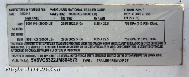 image for item YA0954 2018 Vanguard  REM VXP dry van trailer
