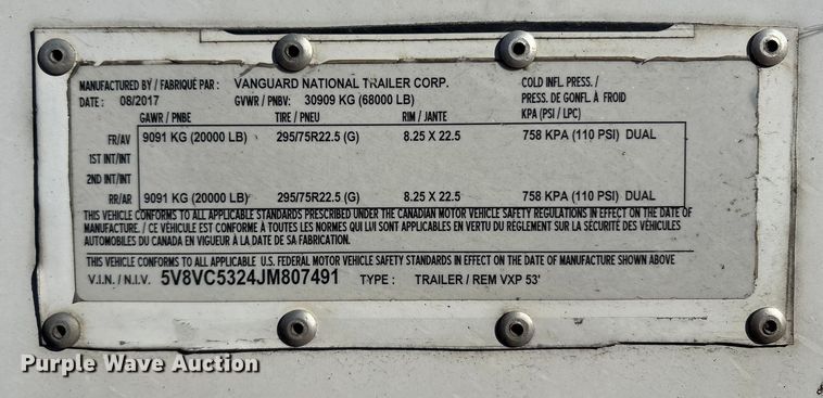 image for item YA0955 2018 Vanguard  REM VXP dry van trailer