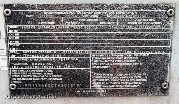 image for item YA1082 2017 Transcraft 544C flatbed trailer