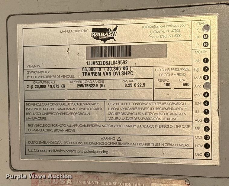 image for item YA1523 2018 Wabash DVLSHPC dry van trailer