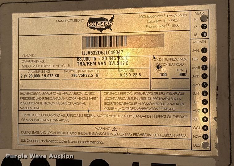 image for item YA1524 2018 Wabash DVLSHPC dry van trailer