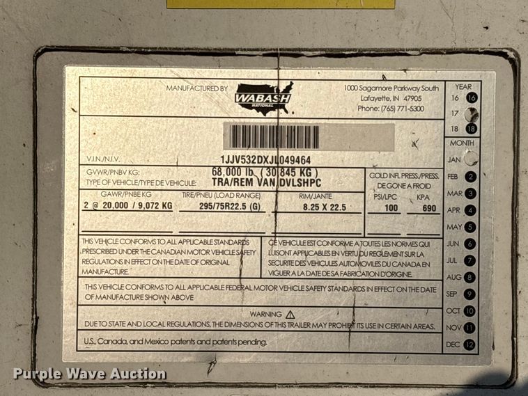 image for item YA1525 2018 Wabash DVLSHPC dry van trailer