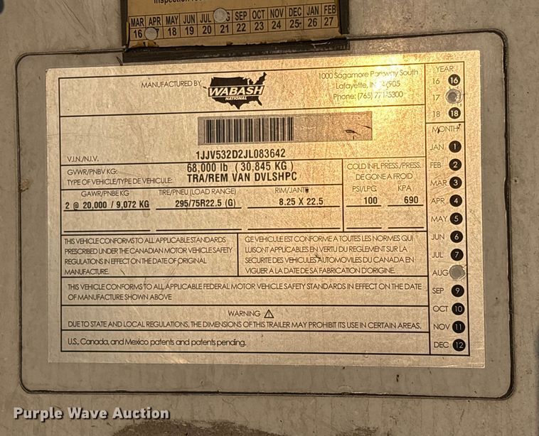 image for item YA1526 2018 Wabash DVLSHPC dry van trailer