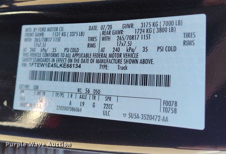 image for item DT0785 2020 Ford F150 SuperCrew pickup truck