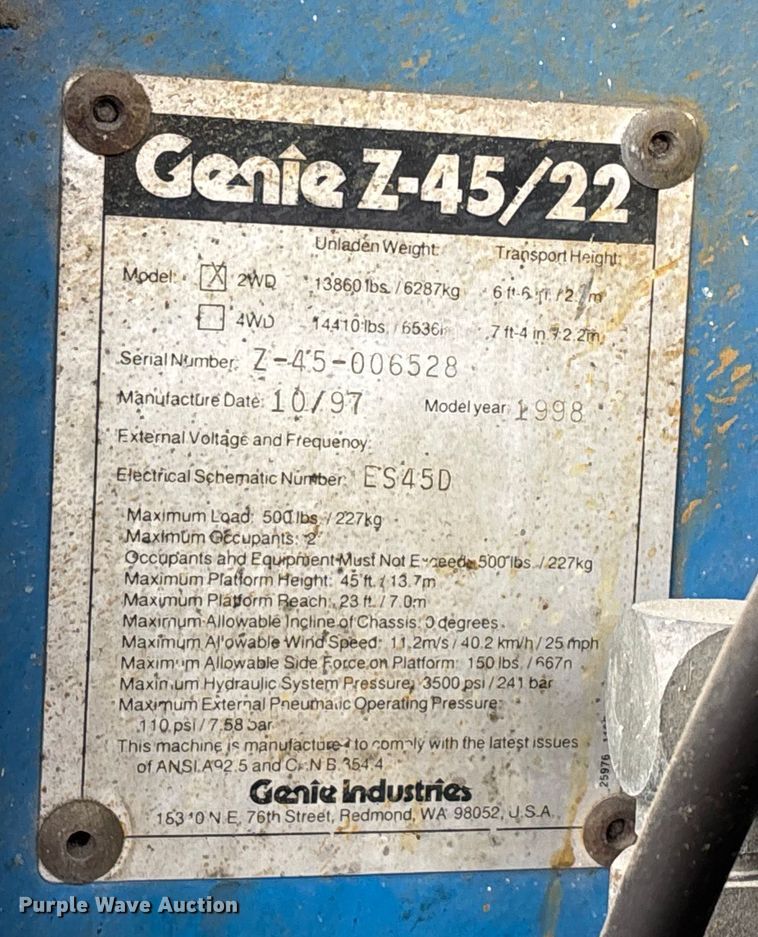 image for item DW7300 1998 Genie Z-45/22 boom lift