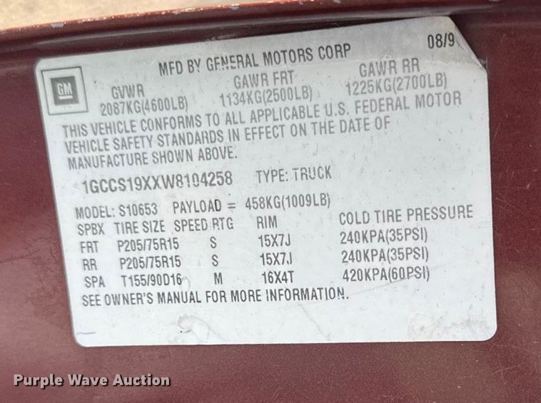 image for item EC4502 1998 Chevrolet S10 Pickup Ext. Cab pickup truck