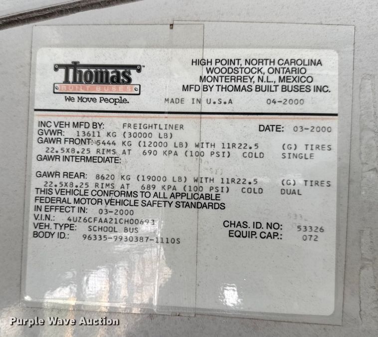 image for item EN0113 2001 Frightliner Thomas  bus