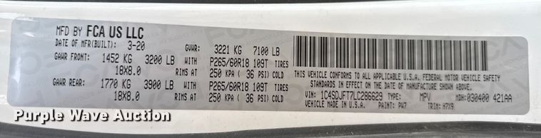 image for item EP2714 2020 Dodge Durango SSV SUV