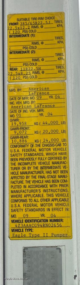 image for item EV3389 2004 American Lafrance Eagle pumper fire truck